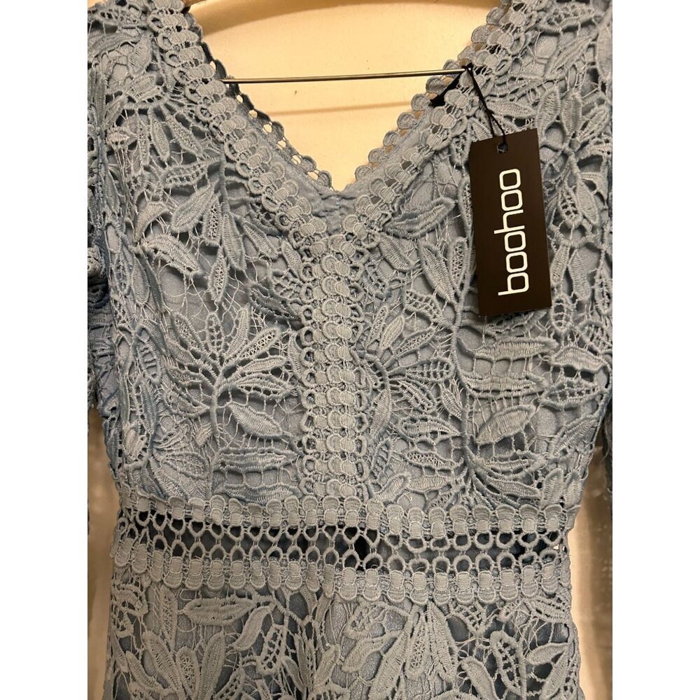 NWT Boohoo Women's Lace Crochet Long Sleeve Flare Dress Blue Sz 4 - Picture 6 of 16